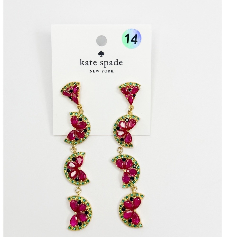 Kate Spade Watermelon Crystal Linear Drop Earrings Gold Tone Pink Green NWT